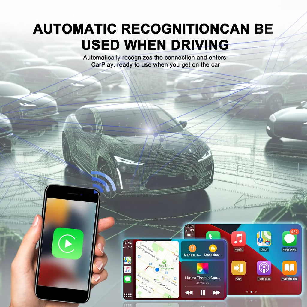 Black wireless CarPlay adapter module with cables for converting wired factory car systems to wireless smartphone integration