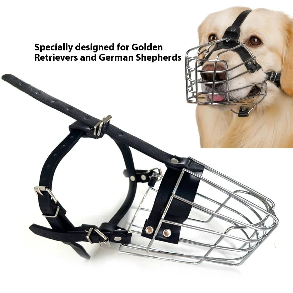 Black metal dog muzzle designed for Golden Retriever and German Shepherd breeds with adjustable straps.