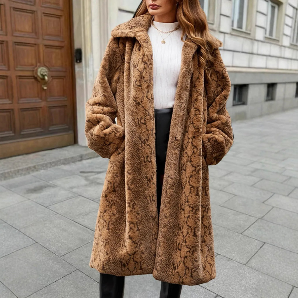 Women's leopard print over-the-knee coat with thickened artificial fur fabric in three colour options
