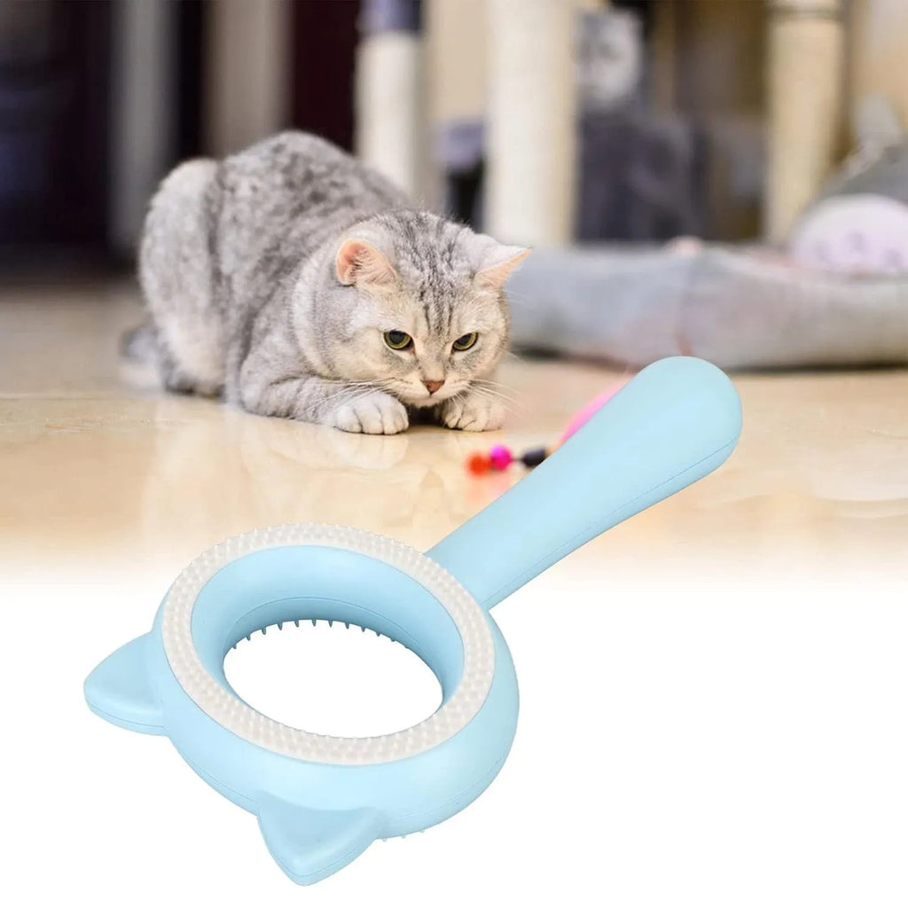Blue and white double-sided pet grooming brush with deshedding comb and massage tool