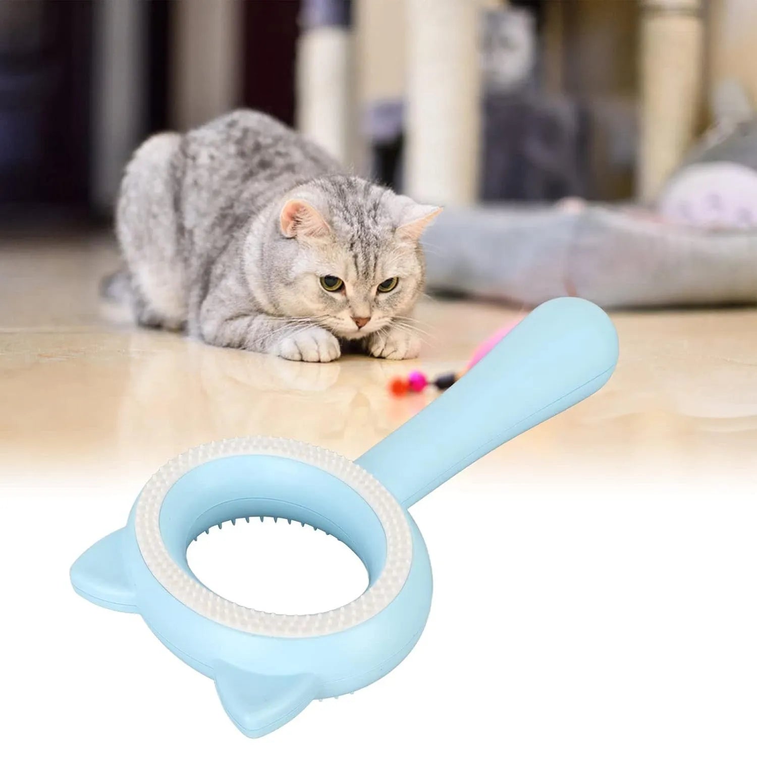 Blue and white double-sided pet grooming brush with deshedding comb and massage tool
