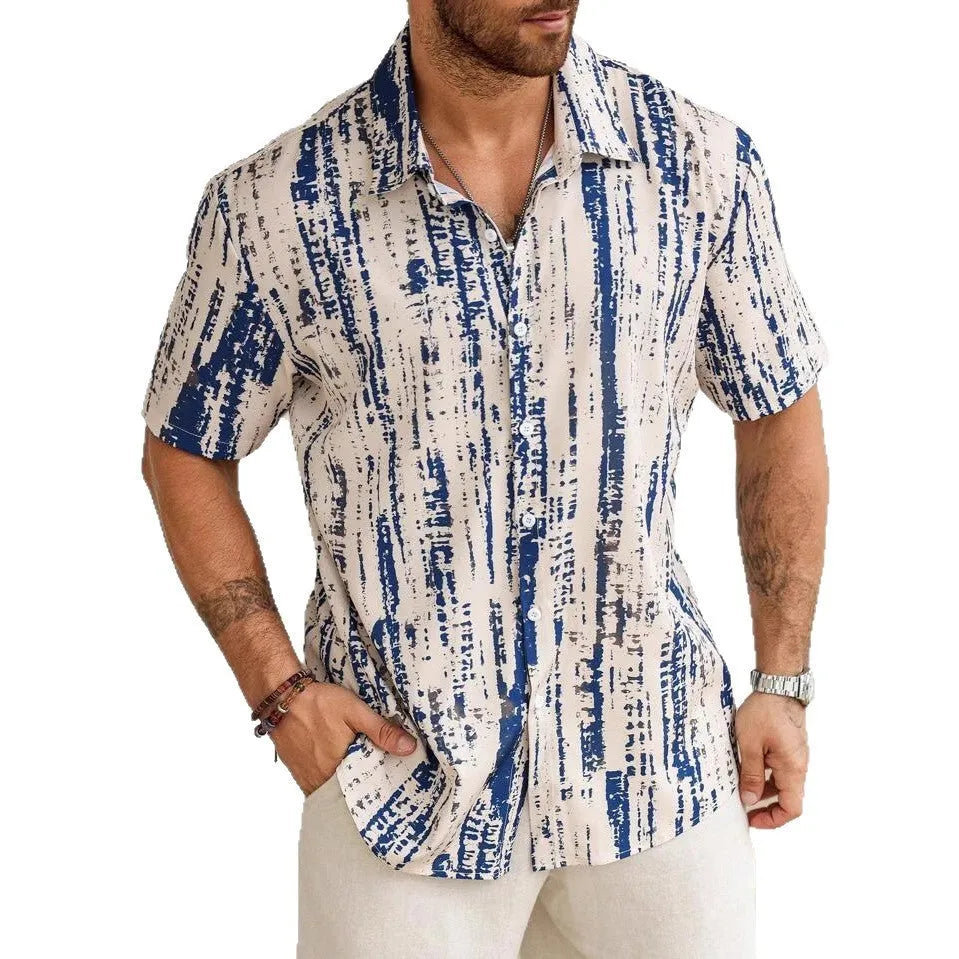 Men's striped short sleeve casual shirt with 3D printed pattern in anti-wrinkle polyester fabric