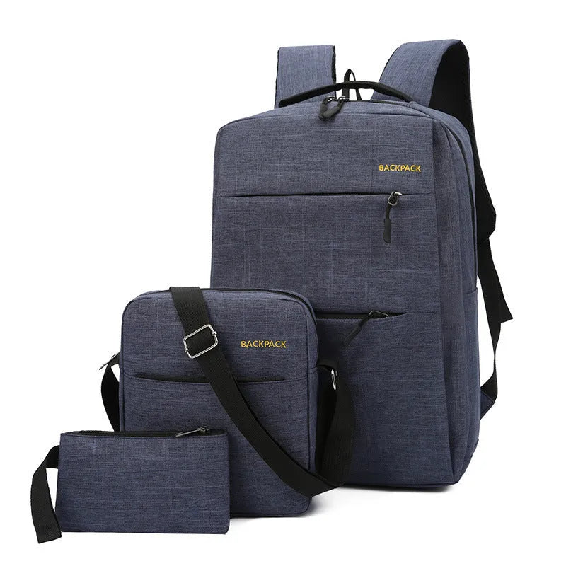 Men's three-piece computer bag set with USB charging port in wine red, black, grey, or navy blue nylon