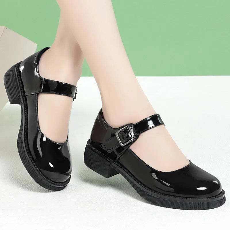 Black round toe leather pumps with buckle strap, mid-heel 3.5cm, cow split leather upper, rubber sole, women's shoes