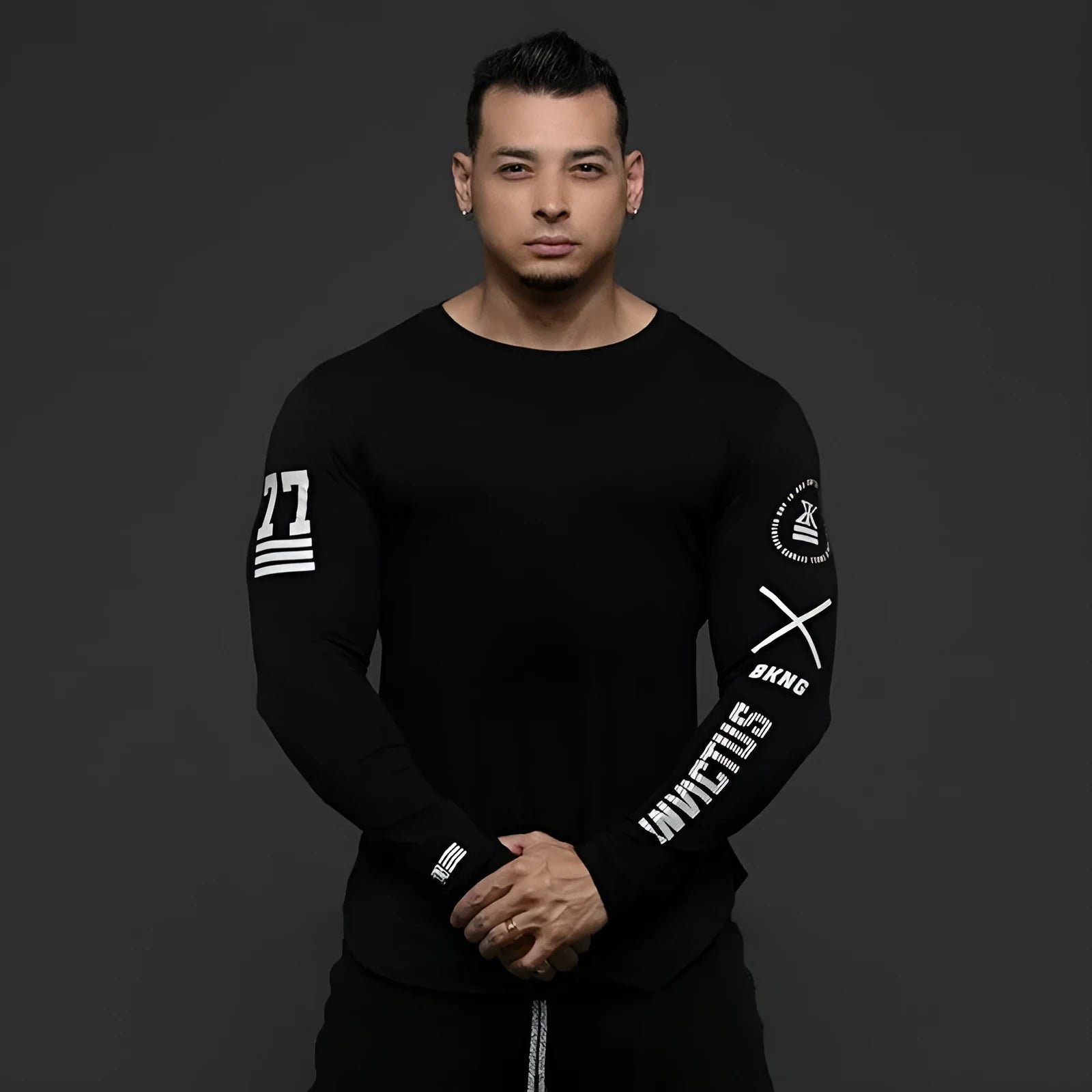 Men's round neck long sleeve fitness top in milk silk fabric with letter print, black colour, slim fit