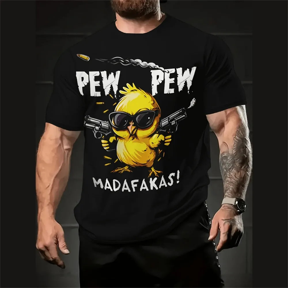 Men's loose fit cartoon print t-shirt in milk silk blend fabric showing 3D design detail