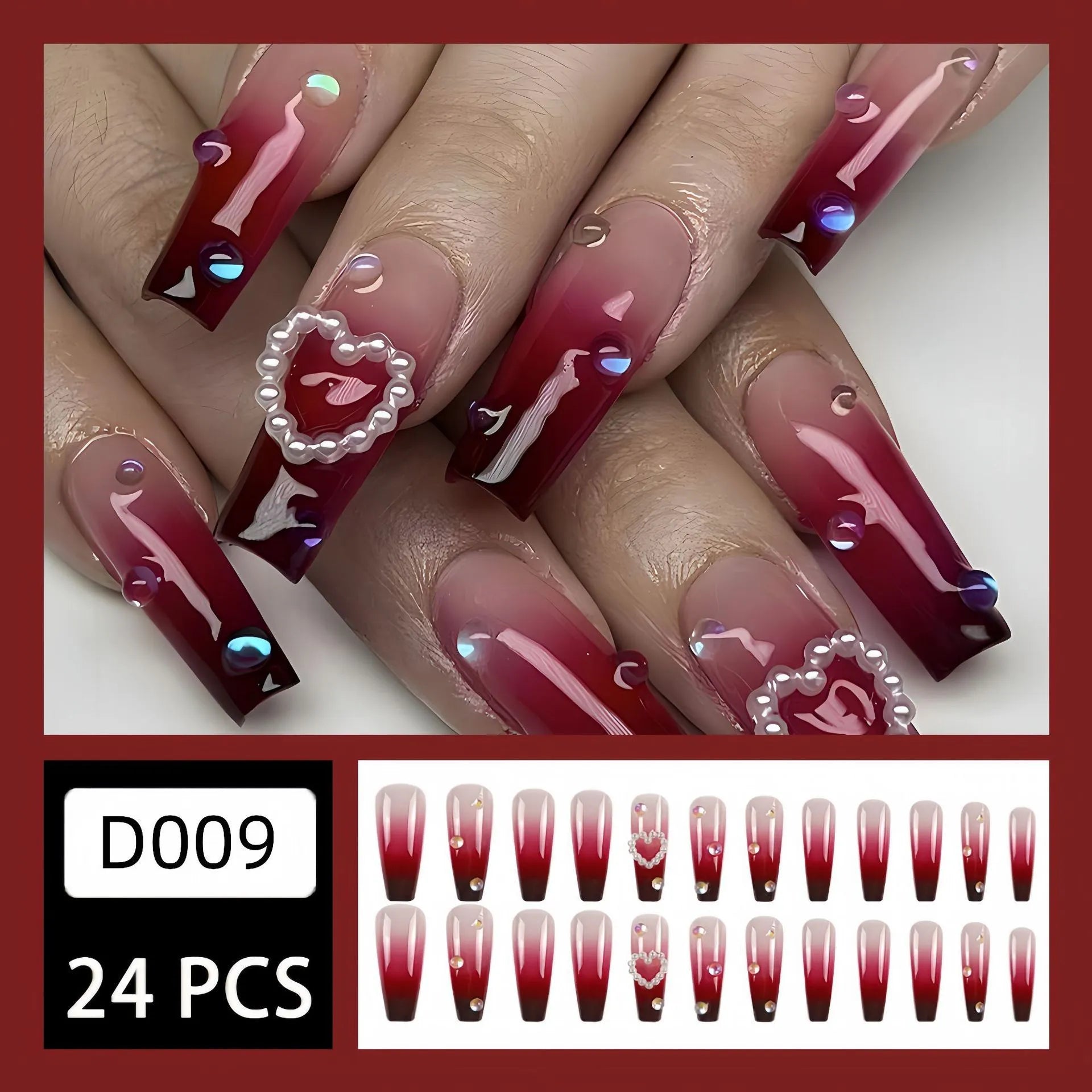 Wine red gradient fake nail tips with pearl heart design and plaid pattern