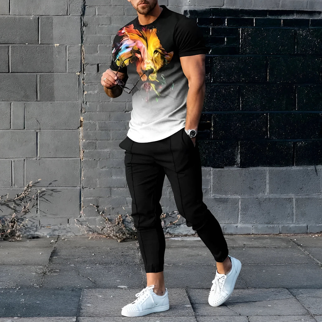 Men's short-sleeved round neck T-shirt and full-length trousers set in a solid colour.