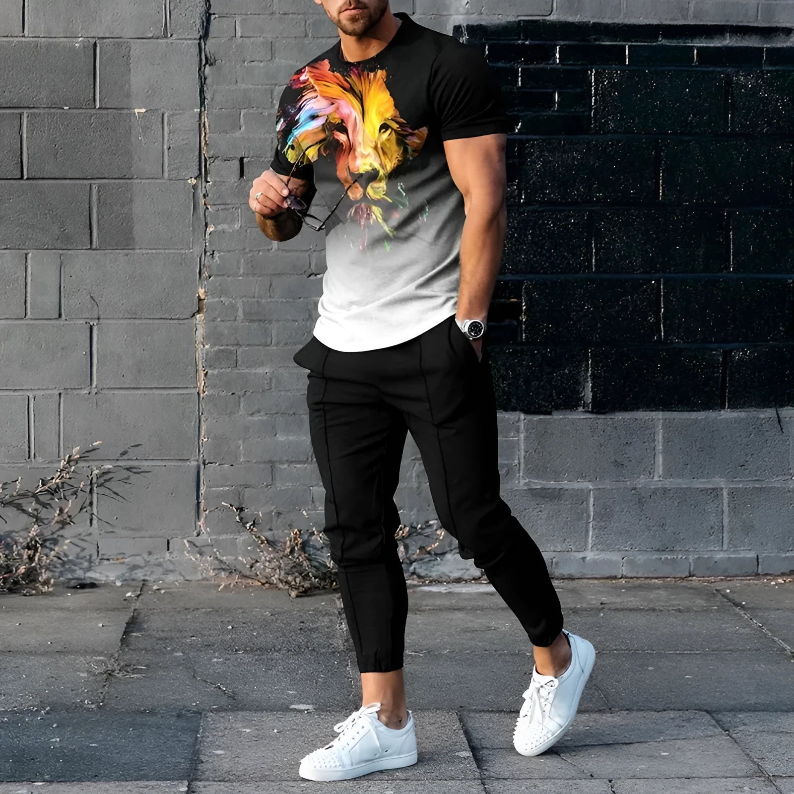 Men's short-sleeved round neck T-shirt and full-length trousers set in a solid colour.
