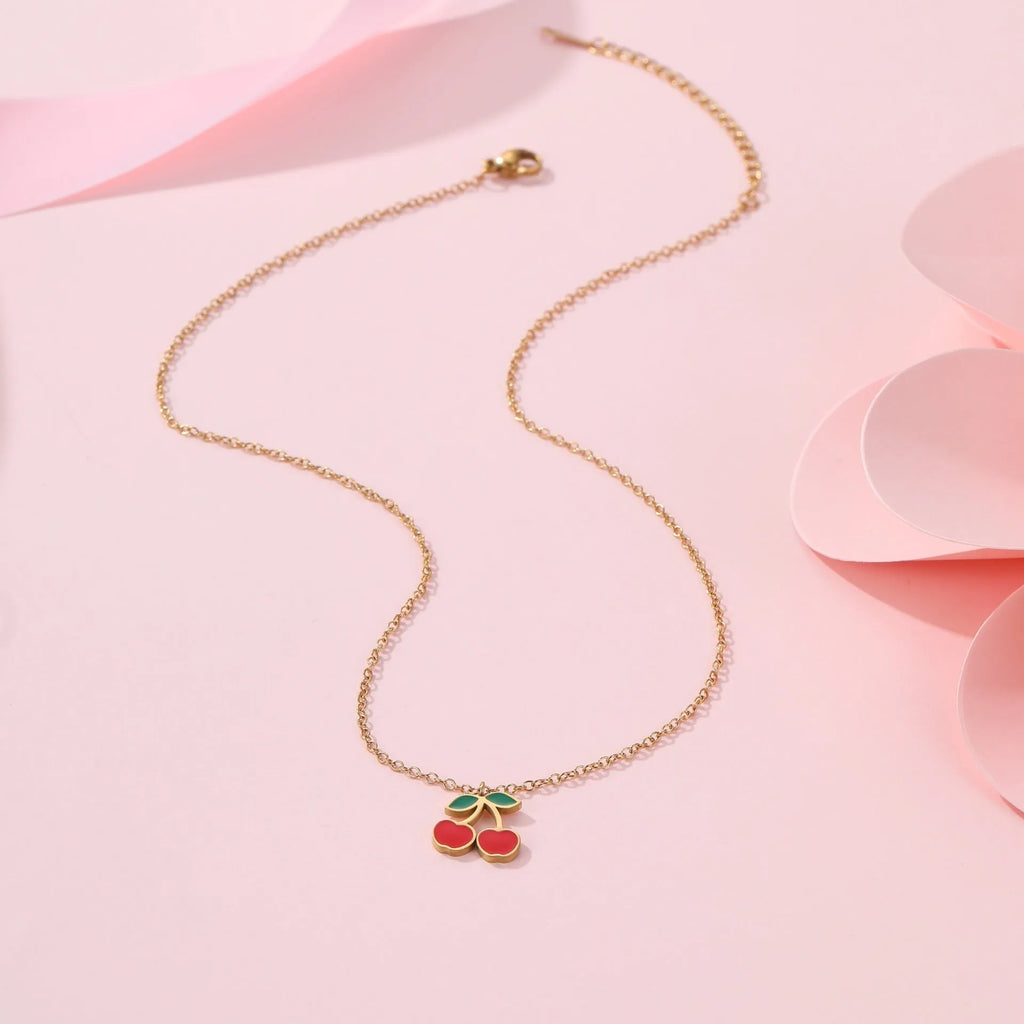 Cherry jewellery set with four 18K electroplated stainless steel pieces including necklace, bracelet, earrings, and ring