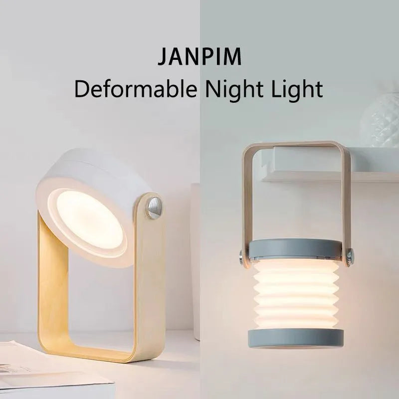 Foldable touch dimmable LED night light in table lamp mode with wood and PC construction, white finish