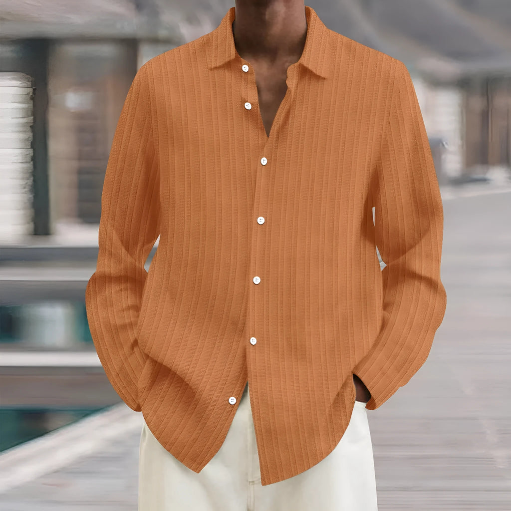 Men's striped British style cardigan with long sleeves in a loose fit.