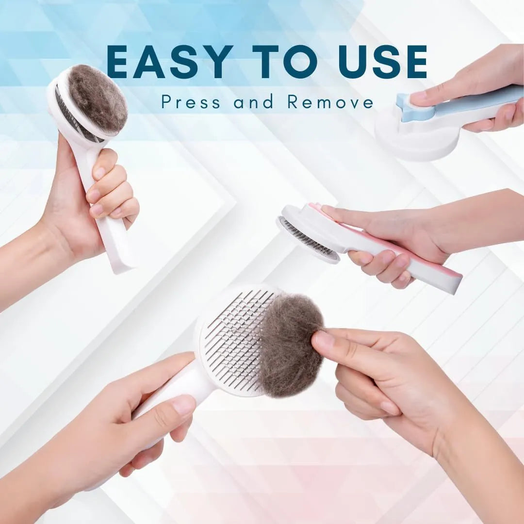 Self-cleaning slicker brush for dogs and cats with blue rubber handle and stainless steel bristles.