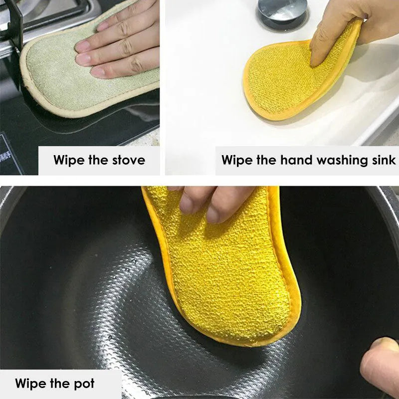 Double-sided kitchen cleaning sponge with microfiber scrub pad for washing bowls, pots and stainless steel surfaces