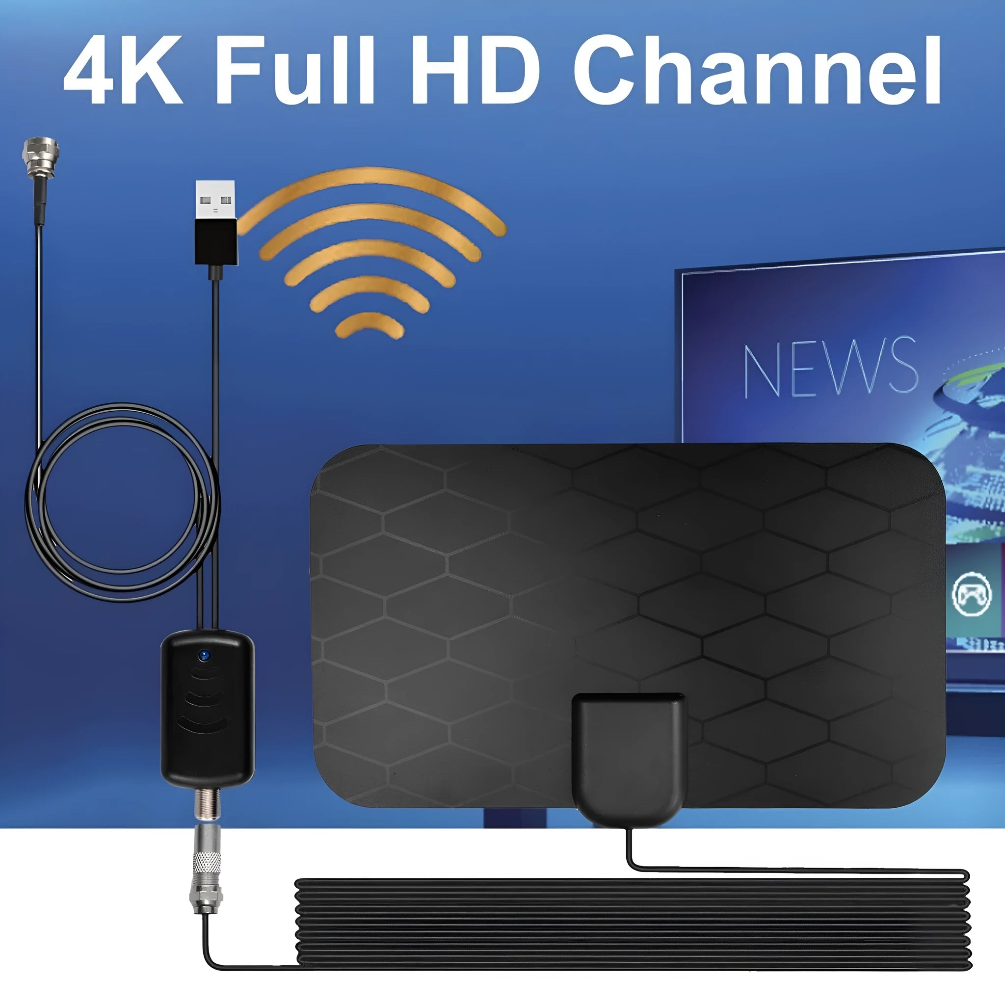Black HD indoor digital TV antenna with amplifier and 10-foot coaxial cable for 4K free broadcast reception