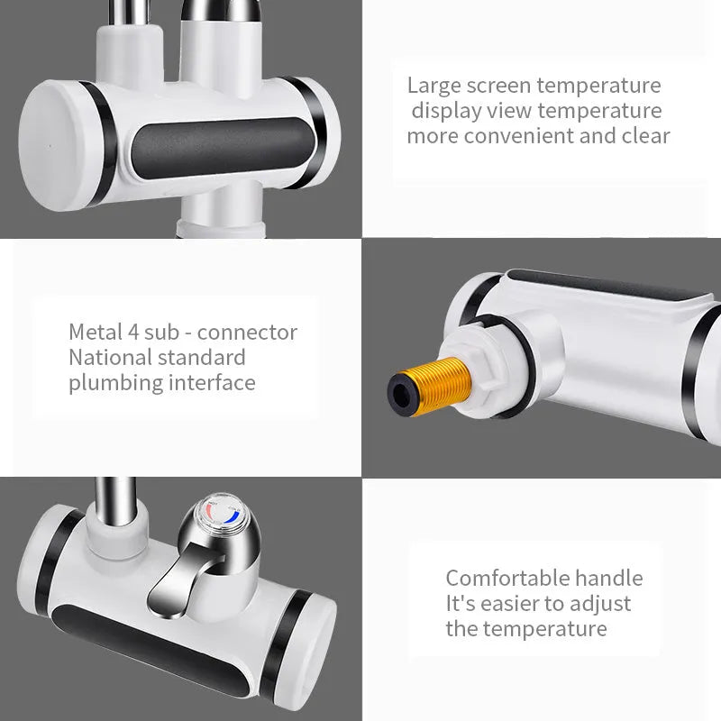 White kitchen electric instant water heater tap with digital temperature display.