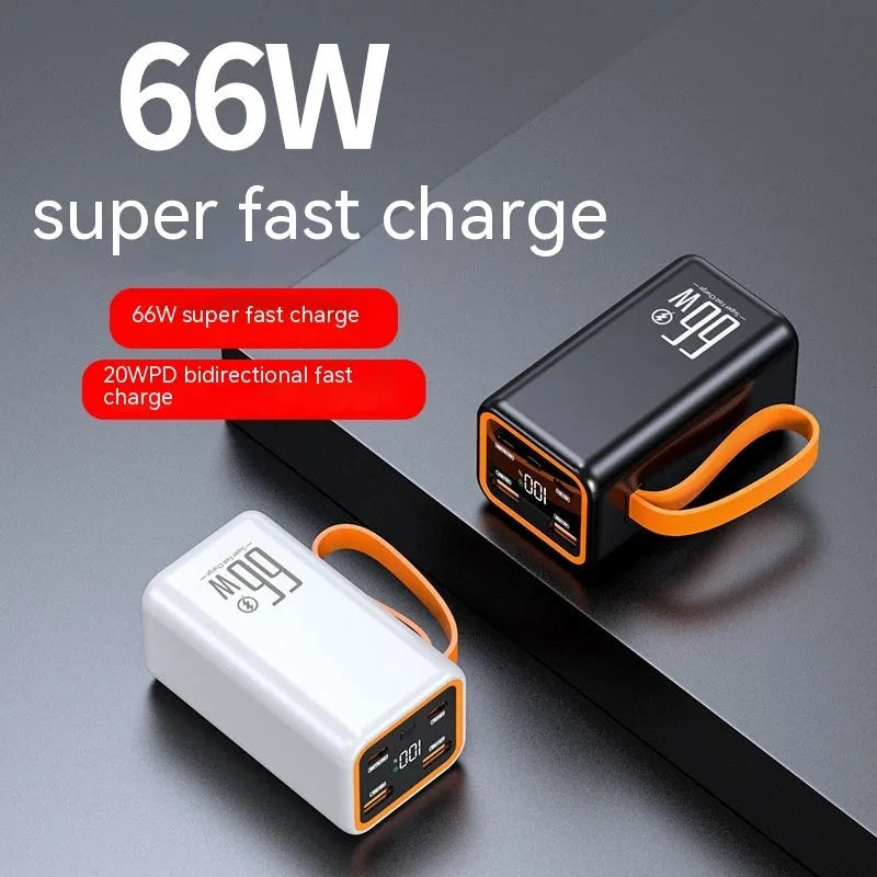 Black and white 20000mAh fast-charge power bank showing compact 95x52x47.5mm dimensions