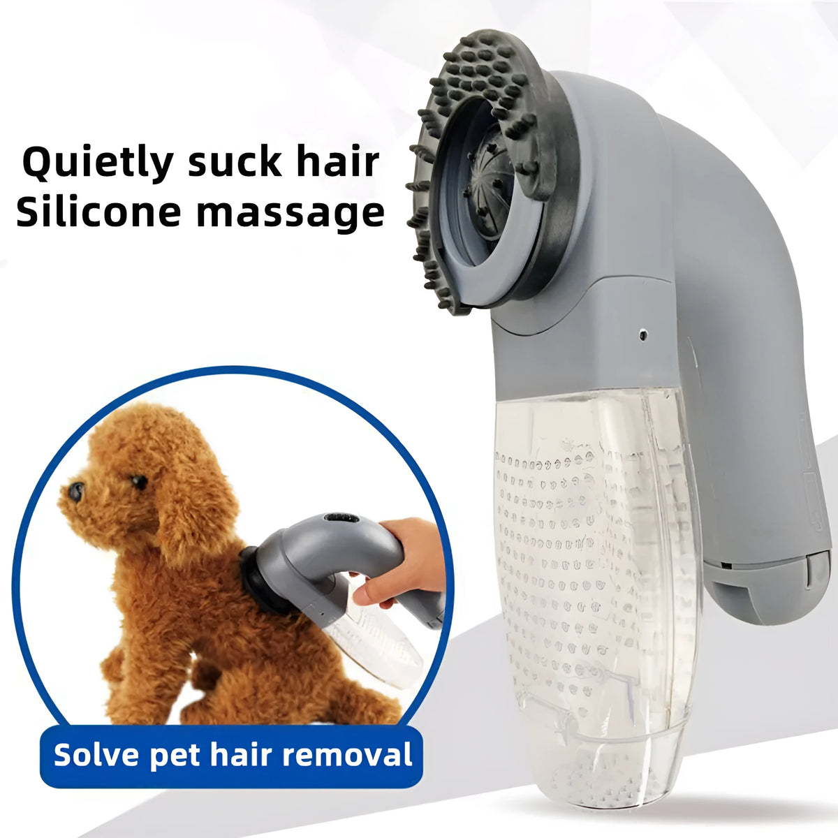 Grey portable electric pet hair vacuum cleaner with soft rubber grooming head.
