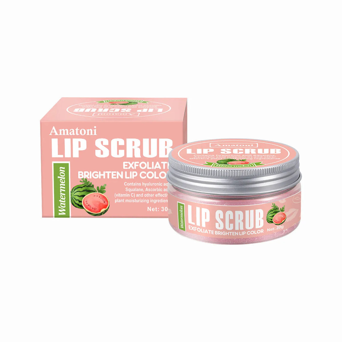 Amatoni 30g fruit flavour lip scrub cream in coconut, raspberry, vanilla or watermelon