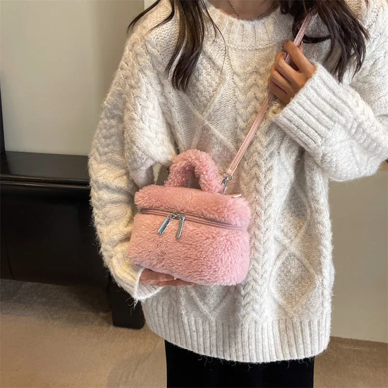 Soft plush women's shoulder bag in cream white, box shape with visible stitching and zipper pocket, street-trend style