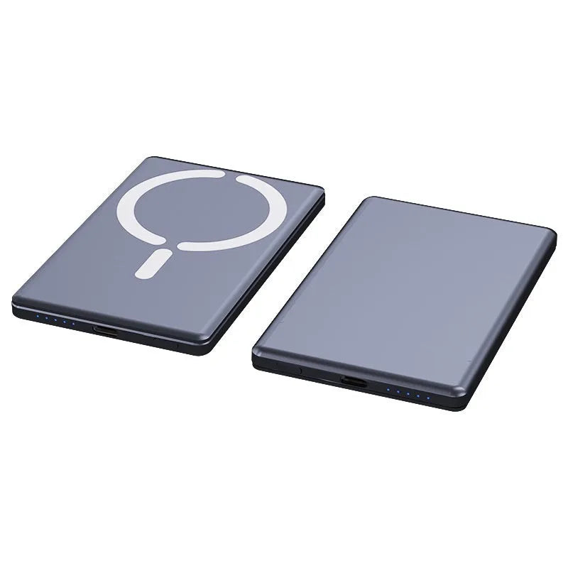 Ultra-thin magnetic power bank with alloy casing in black colour showing 9mm thickness