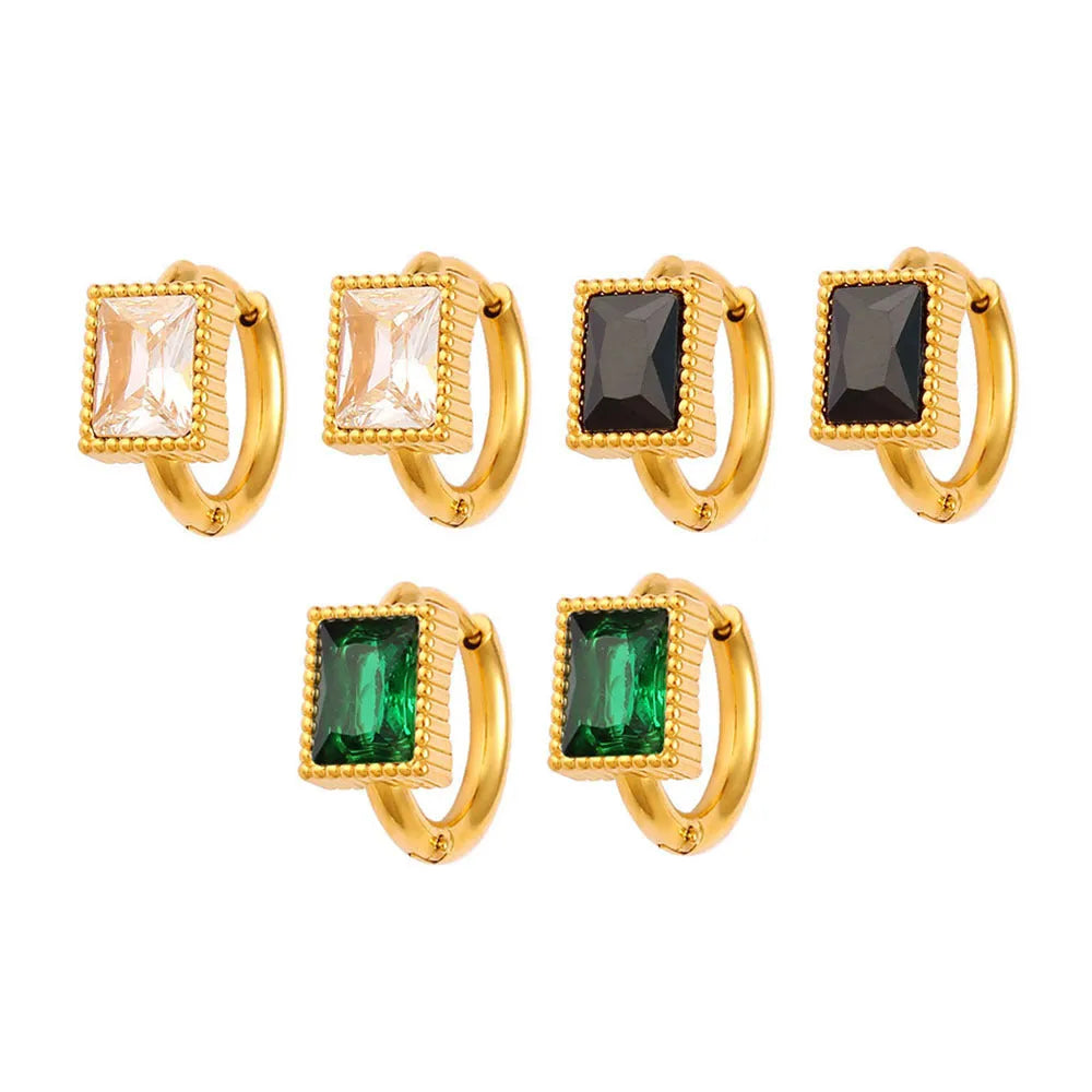 Women's square zircon stainless steel earrings with geometric design in black colour