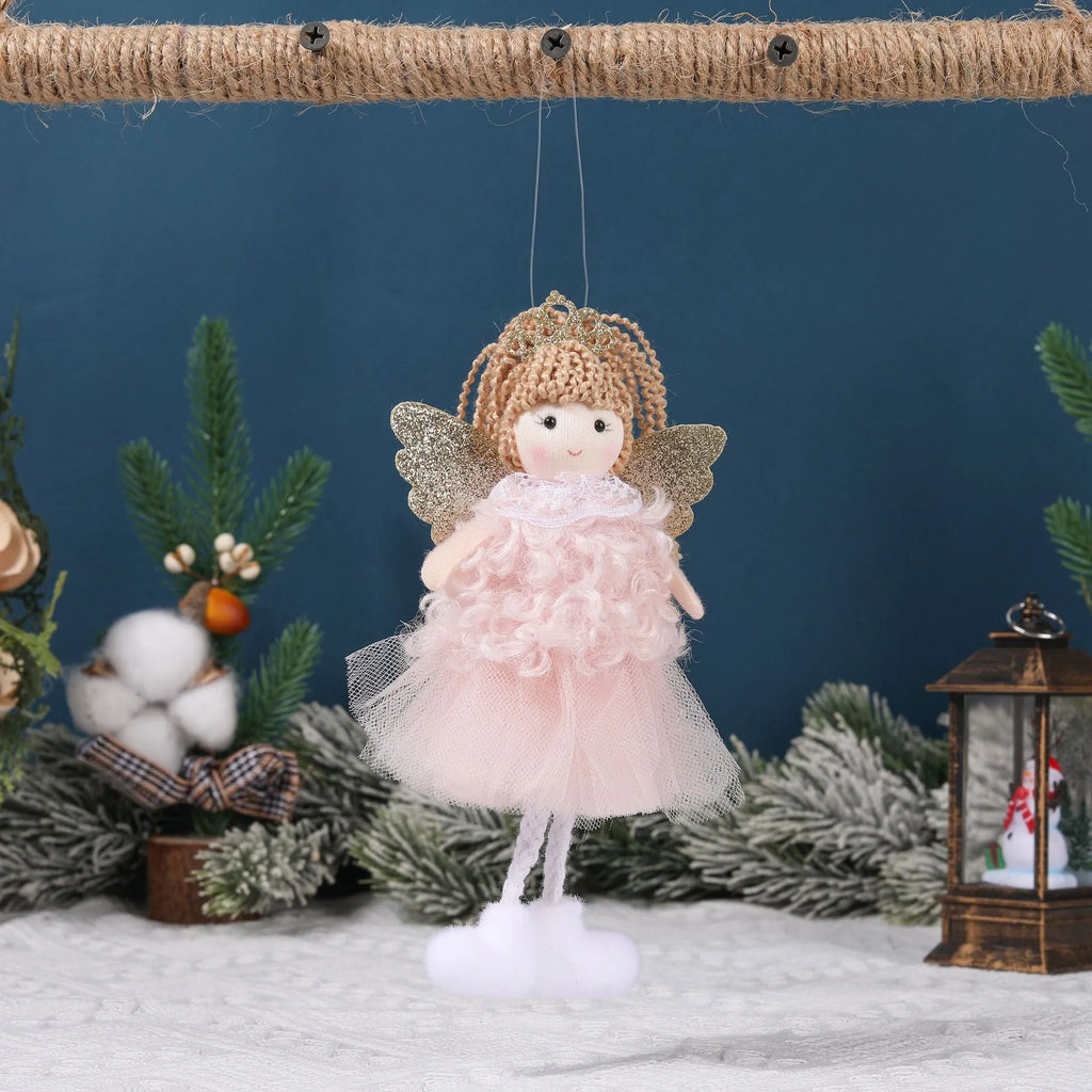 Fabric Christmas angel pendant hair clip with crown for high ponytails in khaki, pink, and white