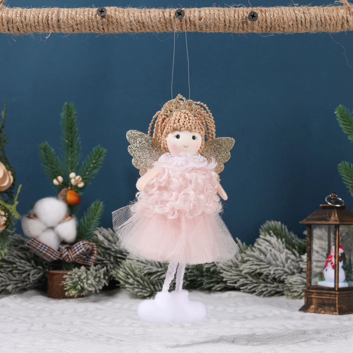 Fabric Christmas angel pendant hair clip with crown for high ponytails in khaki, pink, and white