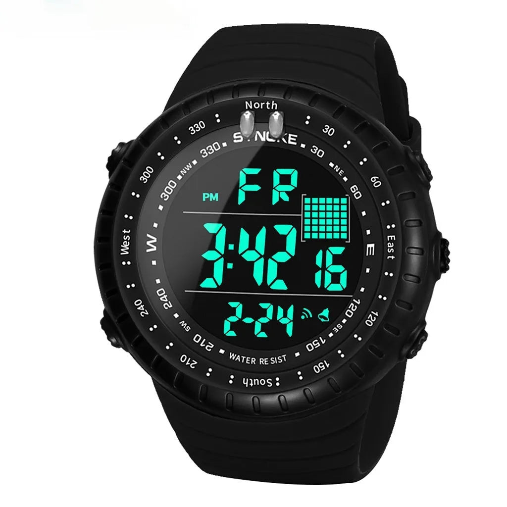Black waterproof digital watch with 54.74mm dial and adjustable PU strap