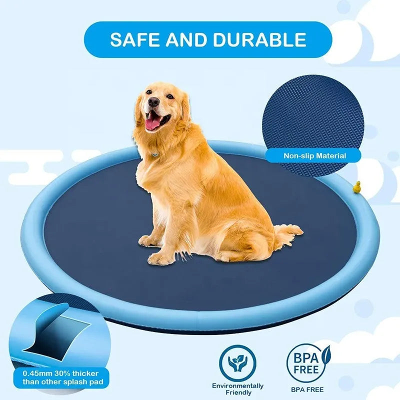 Blue anti-slip dog splash pad mat with sprinkler jets, set up on a garden lawn.
