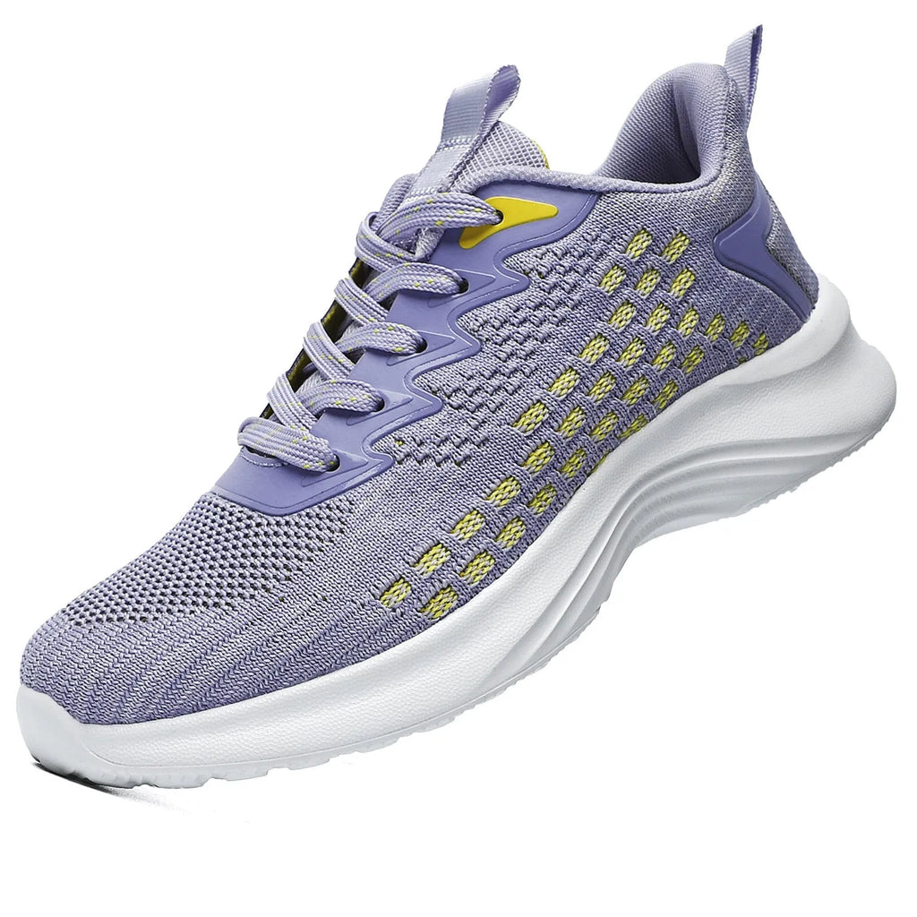 Women's lavender purple Flyknit running shoes with mesh lining and striped pattern on a white background.