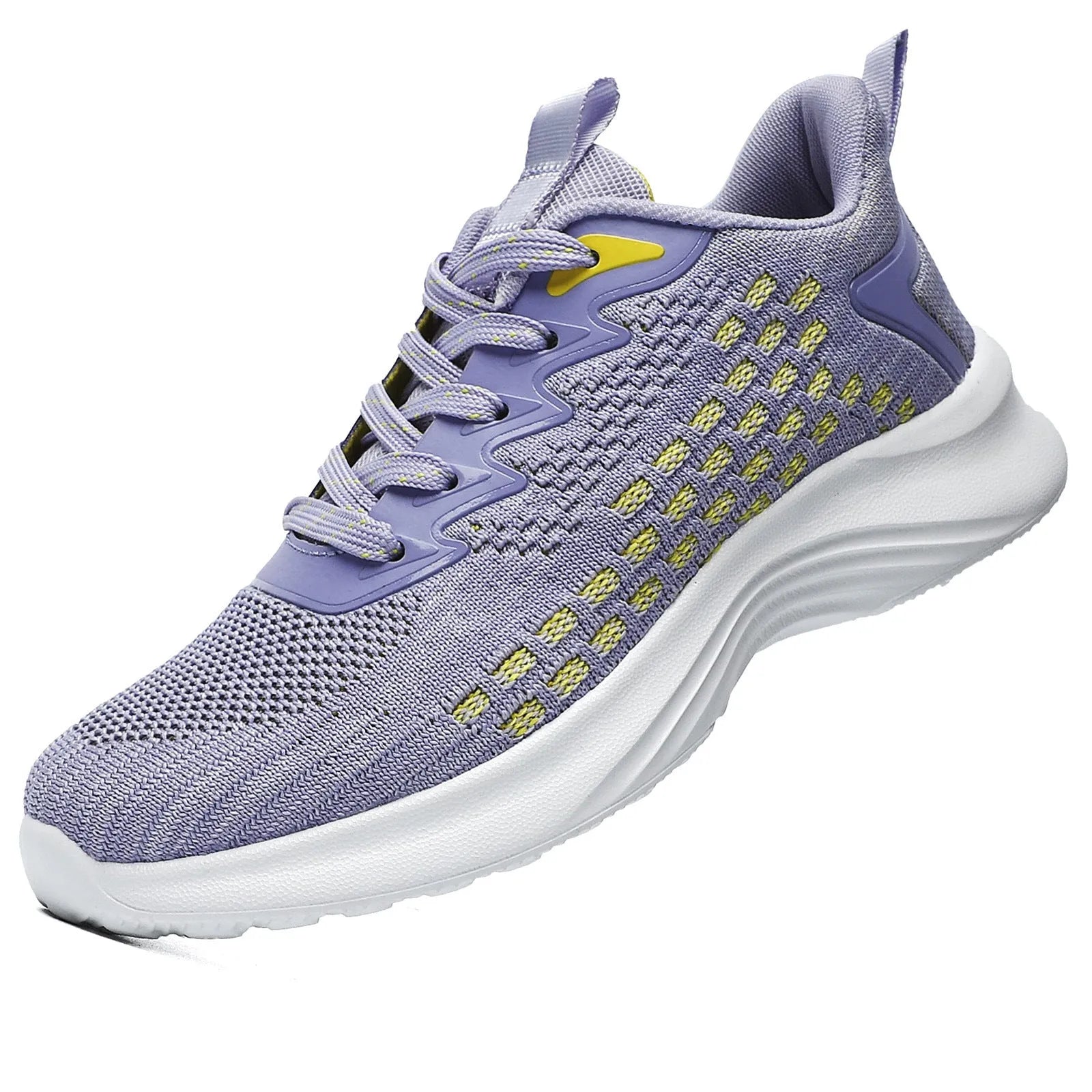 Women's lavender purple Flyknit running shoes with mesh lining and striped pattern on a white background.