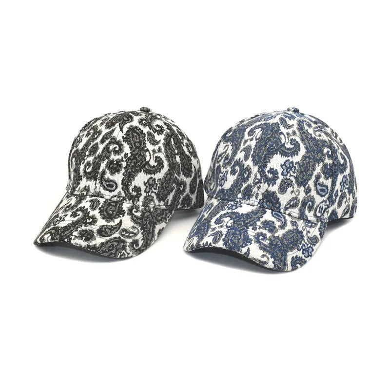 Polyester baseball cap with printed paisley pattern in blue, showing dome crown construction