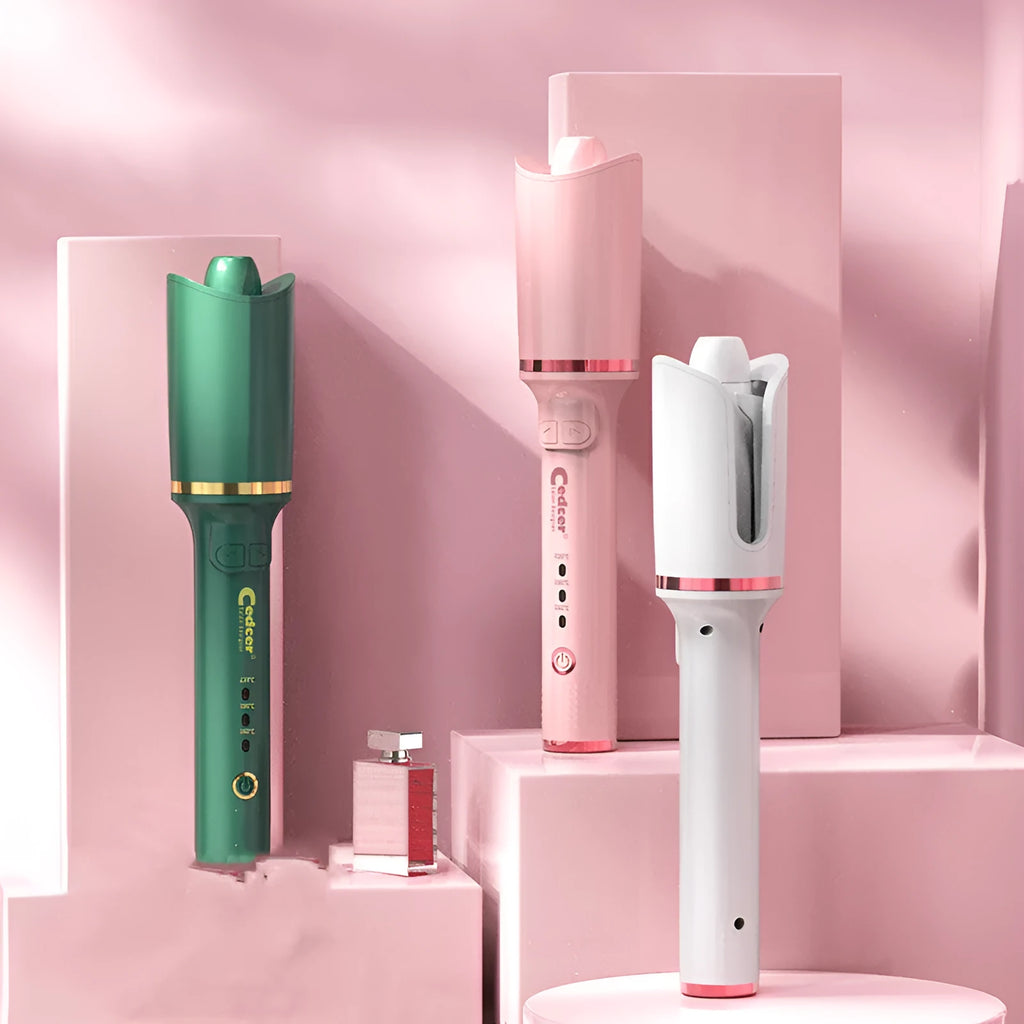 Lazy God electric rotating perm curler with tourmaline ceramic barrel, 21-30mm, in pink, green or white.