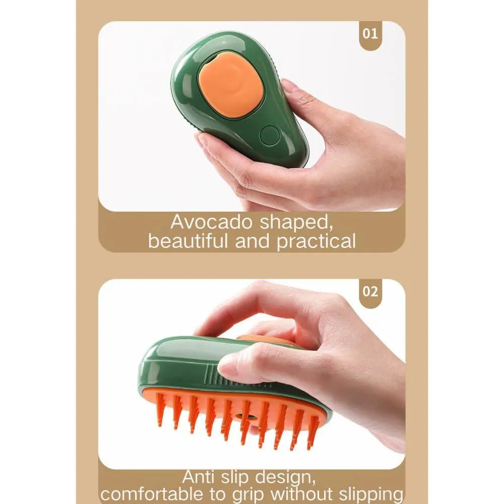 Green and white rechargeable cat steam brush with silicone teeth for grooming and massage.