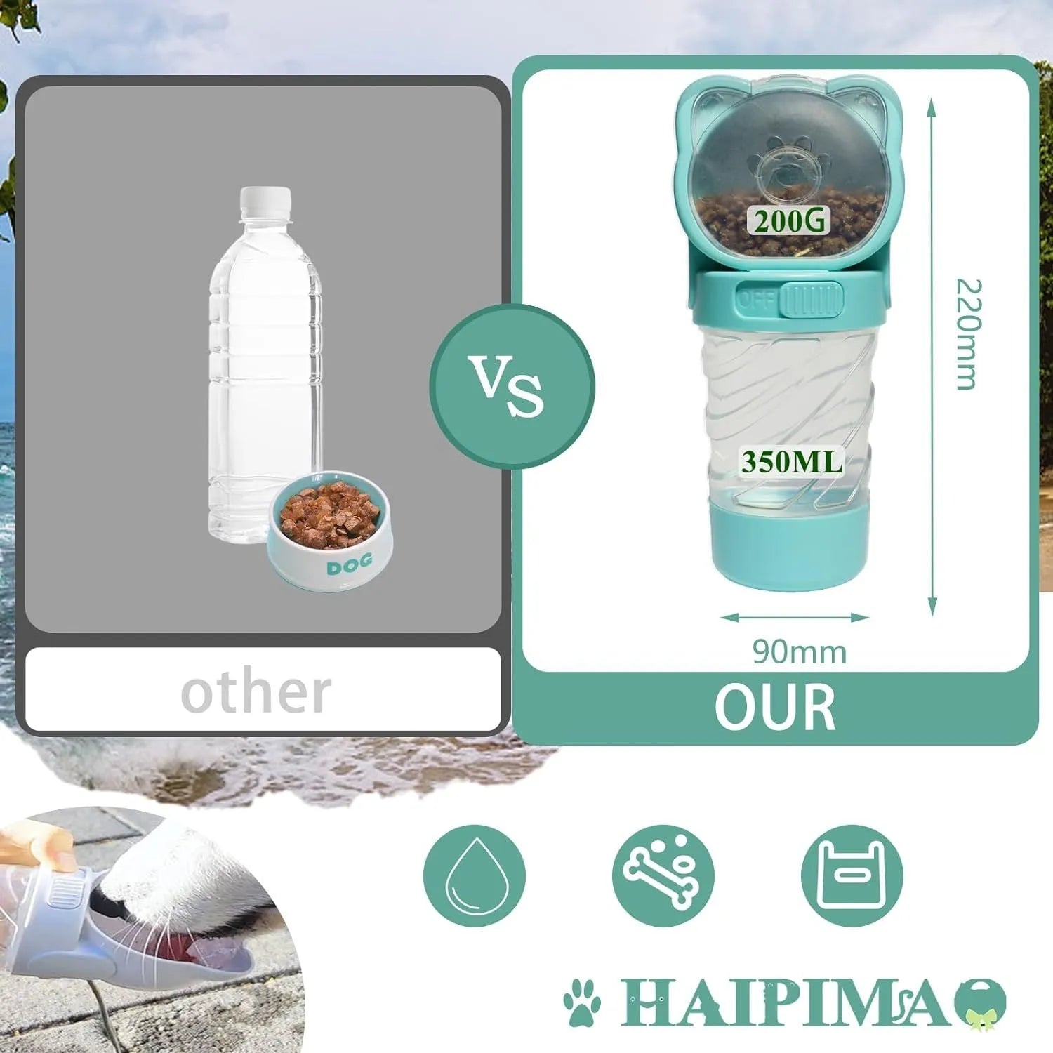 Green 3-in-1 portable pet water bottle with integrated food container and waste bag dispenser on a strap.