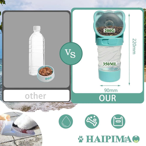 Green 3-in-1 portable pet water bottle with integrated food container and waste bag dispenser on a strap.