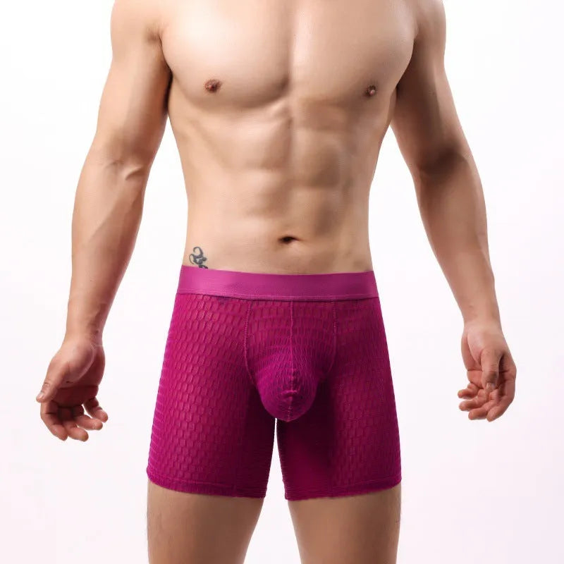 Men's lace mesh boxer shorts with low-rise waistband in geometric pattern