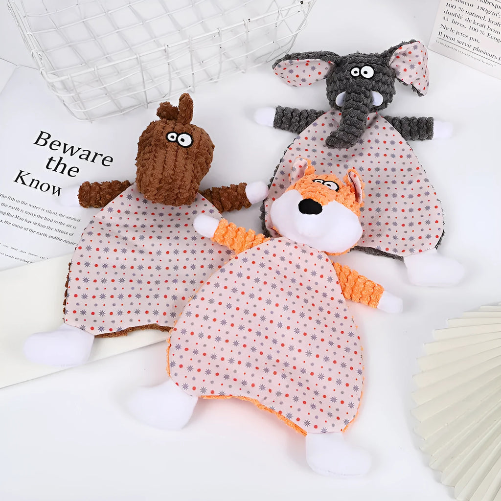 Pet stuffed toy with crinkle paper sounds in fox or elephant design with velvet fabric