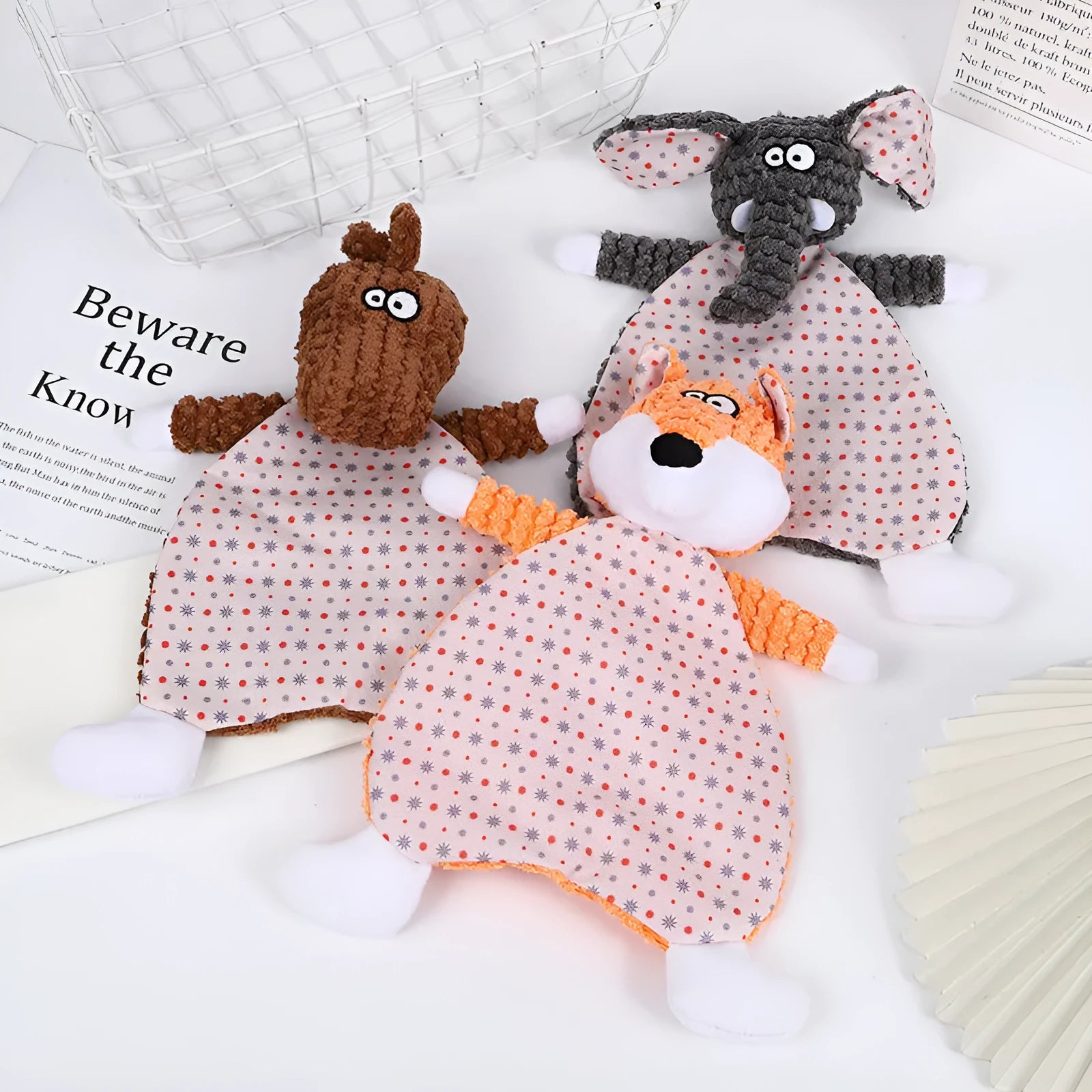 Pet stuffed toy with crinkle paper sounds in fox or elephant design with velvet fabric