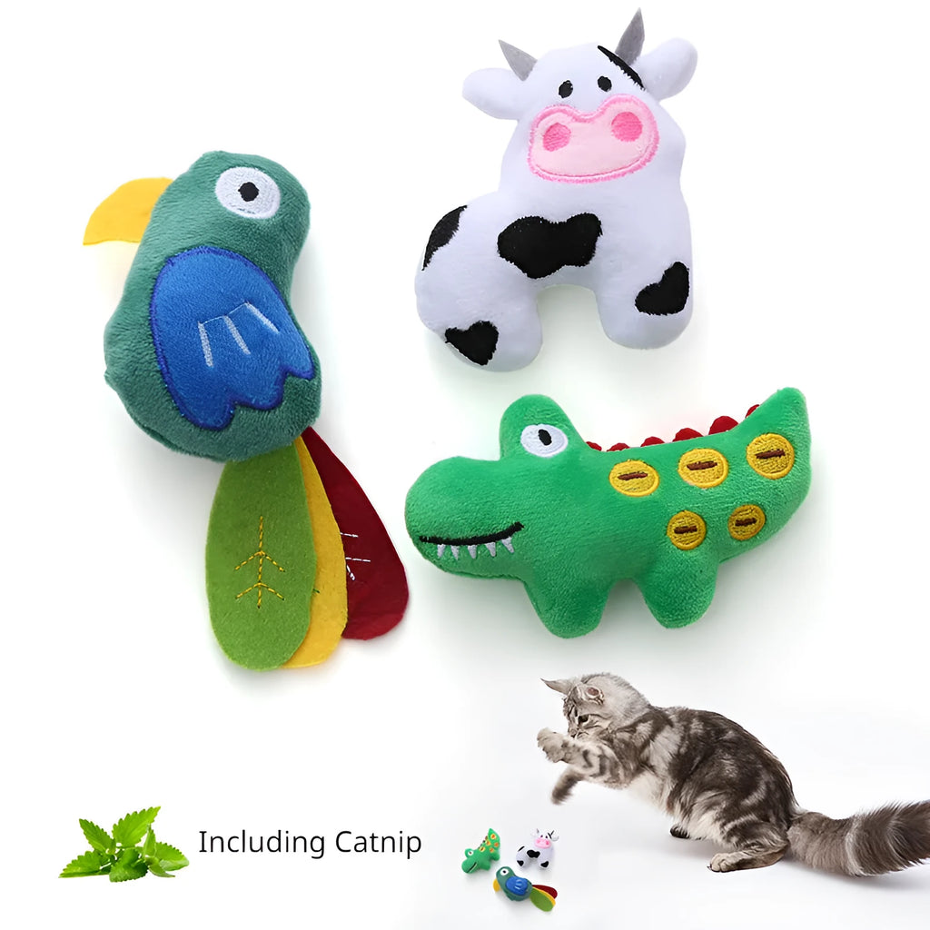 Plush cat toy in cow, crocodile or parrot shape with catnip filling for interactive play