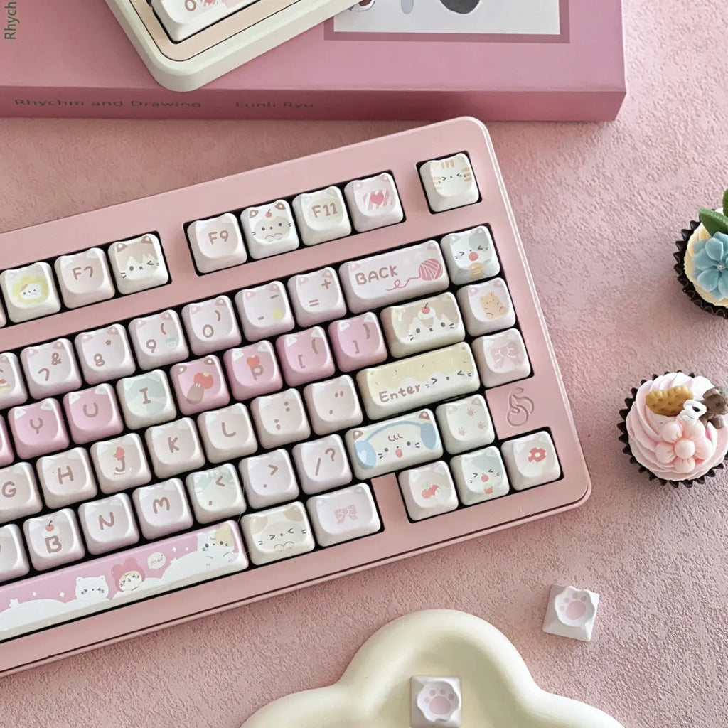 Full set of 141 Meow Meow Team themed keycaps with sublimation printing on five sides.