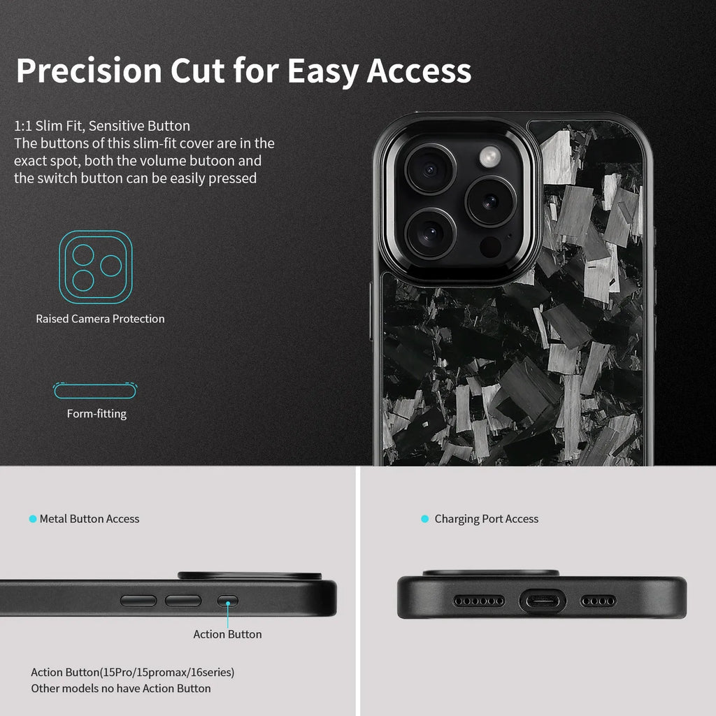 Black carbon fibre iPhone case with metal frame showing magnetic ring and precise camera cutouts
