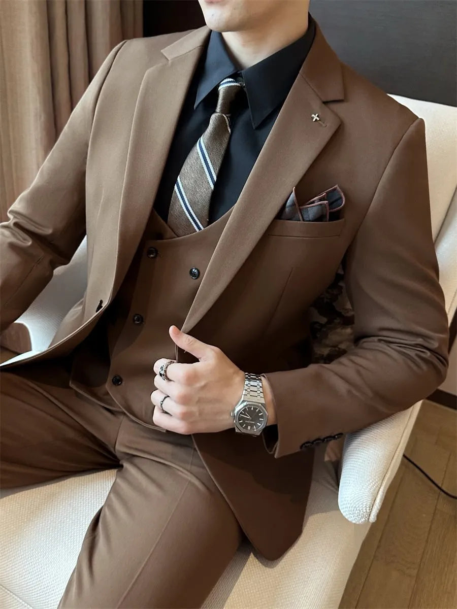 Men's slim fit business suit jacket in a chemical fibre blend, available in dark green, brown, and camel.