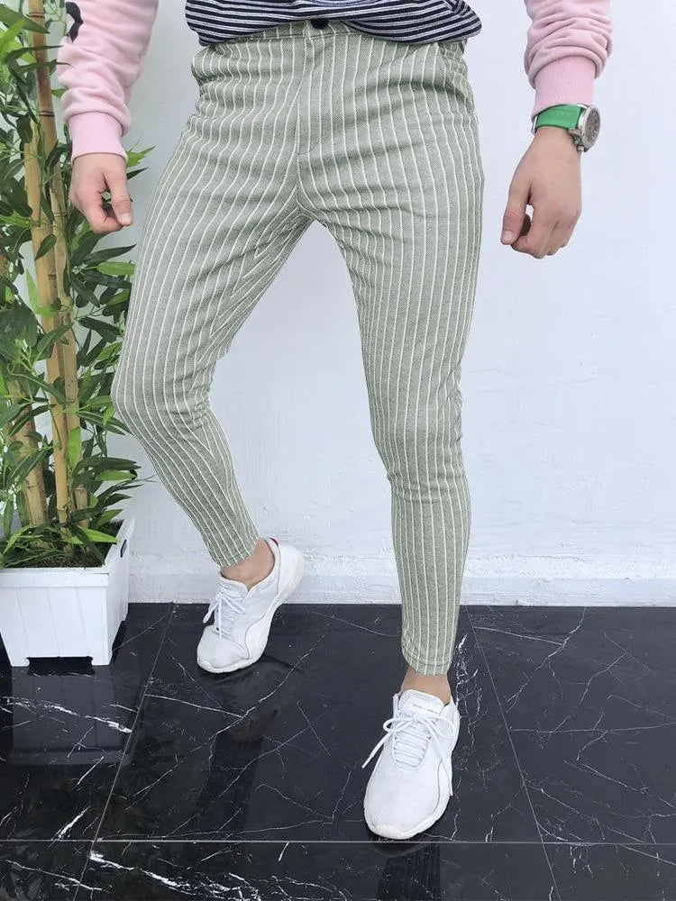 Men's slim-fit plaid trousers with 3D printed pattern, straight leg design and elastic fabric