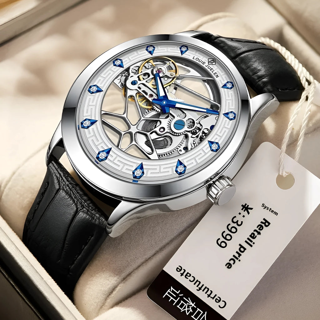 Men's silver case mechanical watch with white dial, blue hands, black leather strap, and butterfly buckle