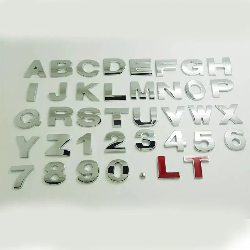 3D metal car bumper stickers showing individual English letters in zinc alloy construction