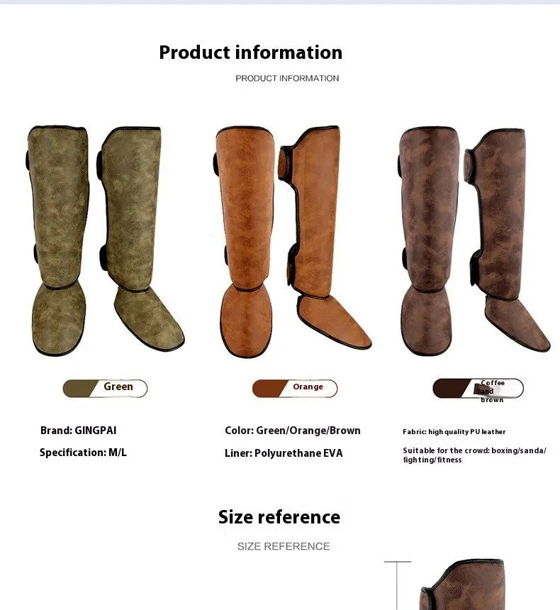 PU vertical thickened fighting boxing shin guards in brown colour on training mat