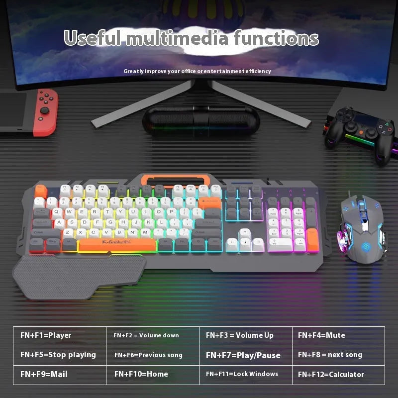 Blue wired gaming keyboard and mouse set with backlit keys on dark surface
