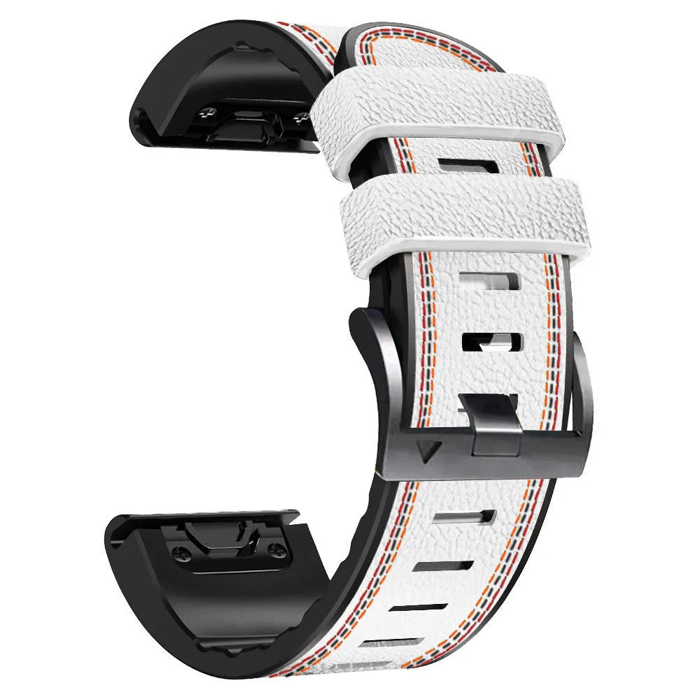Silicone leather quick release watch strap for Garmin Fenix models in black, brown, light brown, and white